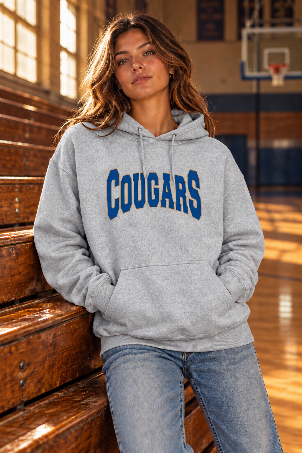 Sport Grey hoodie with blue and tan COUGARS front design