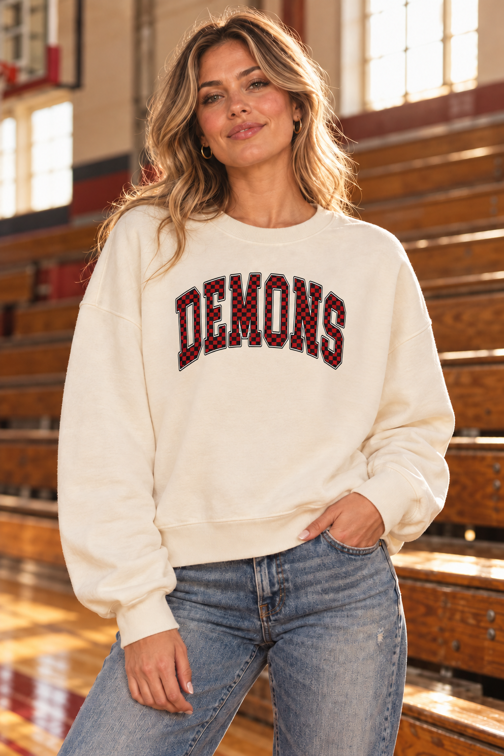 Ivory mid-length crewneck with maroon and black checkered DEMONS design